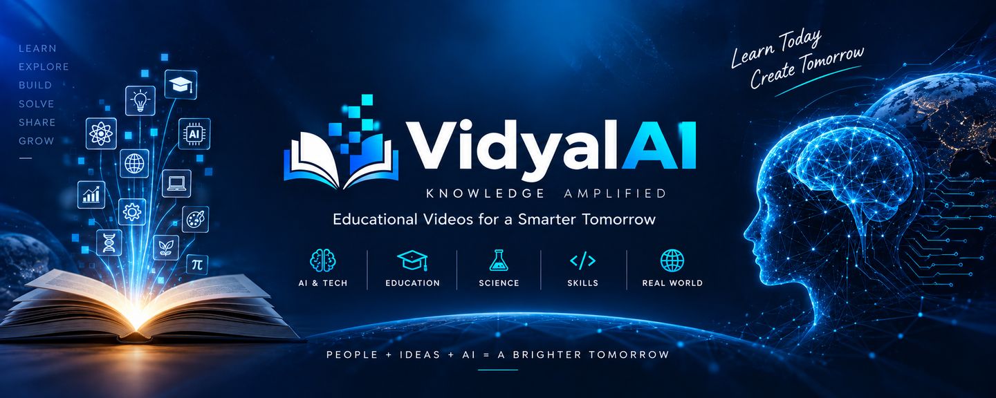 VidyalAI: Knowledge Amplified. An open book releasing glowing icons for AI, science and skills, beside a digital human profile. People + ideas + AI = a brighter tomorrow.
